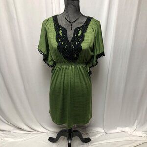 Mod Modele Tunic Womens Size Medium Green Black Flutter Sleeve Short Dress